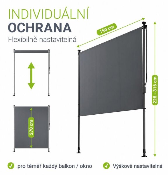 Svislá balkonová markýza 150 × 310 cm bez vrtání, šedá