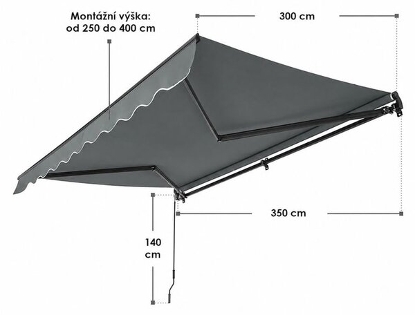 Kloubová markýza 350 × 300 cm na terasu a balkon, šedá