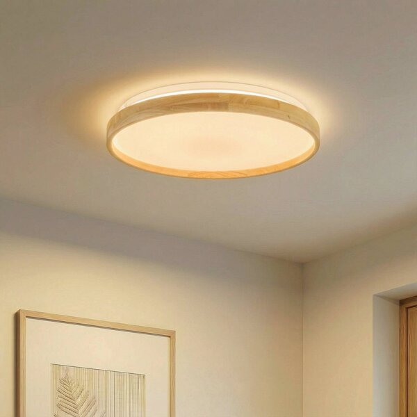 Lindby Smart LED stropní svítidlo Mirren wood Ø49,5cm Tuya, stmívatelný, Světlé dřevo, Obývací pokoj / jídelna, Plast, Moderní