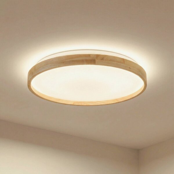Lindby Smart LED stropní svítidlo Mirren wood Ø49,5cm Tuya, stmívatelný, Světlé dřevo, Obývací pokoj / jídelna, Plast, Moderní