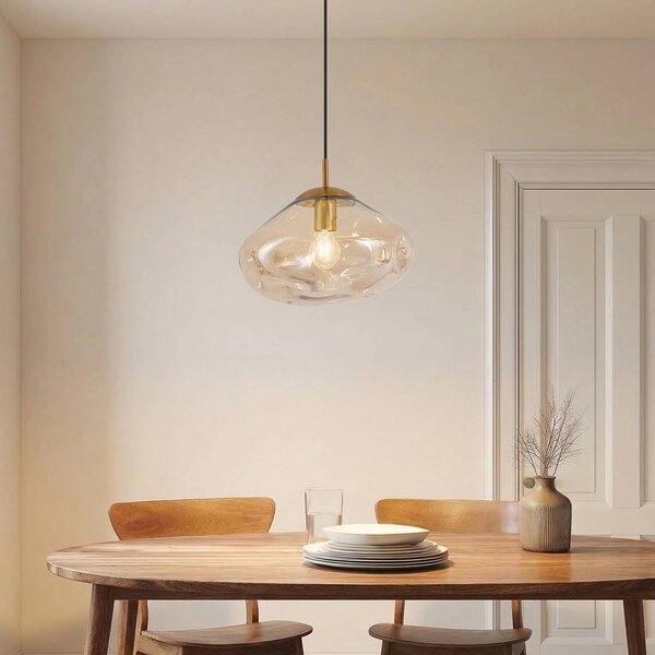 Lindby závěsné světlo Lelia, jantarová, sklo, Ø 35 cm, stmívatelný, Krémová / jantar, Obývací pokoj / jídelna, Sklo, Design