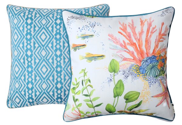 BOHOLOGY Bílo-modrý set dvou venkovních povlaků na polštář Marine Aztec