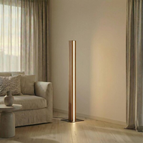 Lucande LED stojací lampa Lieske, černá, dub, stmívatelné, stmívatelný, Světlé dřevo, Obývací pokoj / jídelna, Dřevo, Moderní