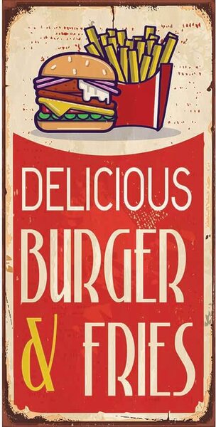 Ceduľa Delicious Burger & Fries 30,5cm x 15,5cm Plechová tabuľa
