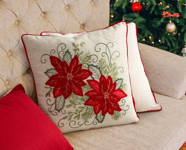 VÁNOČNÍ DEKORAČNÍ POVLAK NA POLŠTÁŘ POINSETTÍ 45X45 CM VZOROVANÁ