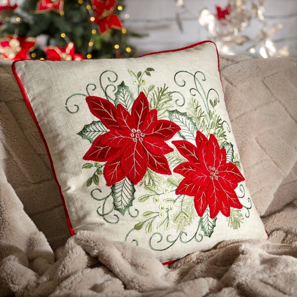 VÁNOČNÍ DEKORAČNÍ POVLAK NA POLŠTÁŘ POINSETTÍ 45X45 CM VZOROVANÁ