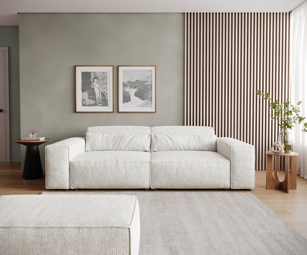 DELIFE Pohovka XL Sirpio 230x95 cm bouclé krémová bílá s taburetem