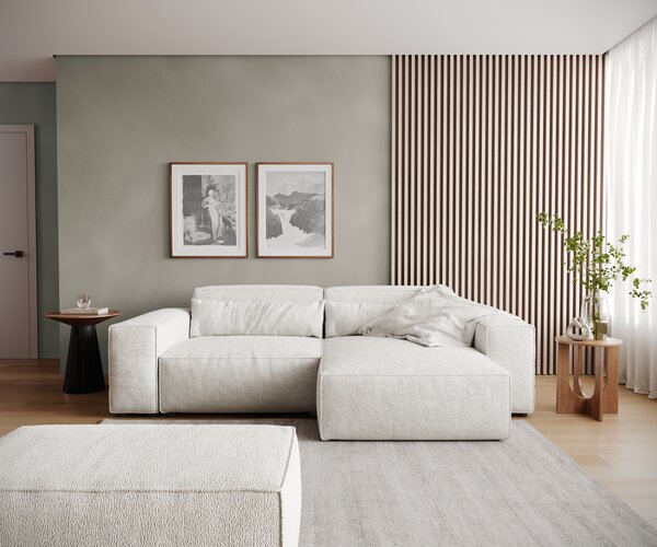 DELIFE Rohová pohovka Sirpio 230x155 cm bouclé krémovo-bílá lenoška variabilní s taburetem