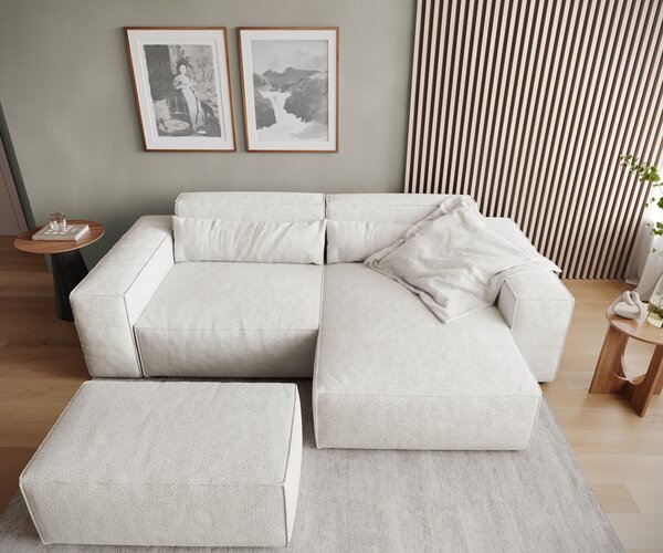 DELIFE Rohová pohovka Sirpio 230x155 cm bouclé krémovo-bílá lenoška variabilní s taburetem