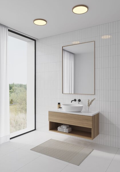 NORDLUX Oja 2700 K IP54 stmívatelné dřevěné světlo Varianta: Ø 294 x 23 mm, LED, 1600 lm, 2700 K, hnědá