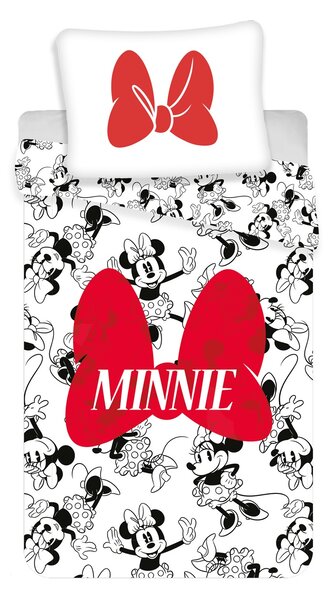 Dětské bavlněné povlečení s motivem Minnie v kombinaci barev bílá a černá, ozdobené červenou mašlí