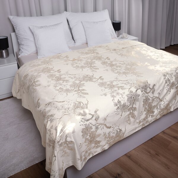 Biante Sametový přehoz na postel Isabela Flower IBL-022 Zlaté květy na smetanovém 140x200 cm