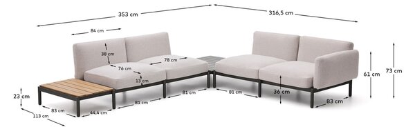 Kave Home Zahradní rohová pohovka Sorells 353 cm se stolky se šedou podnoží