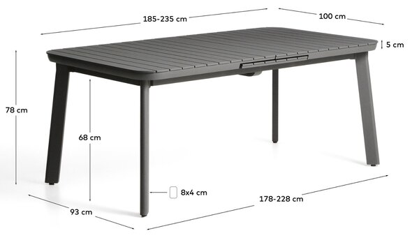 Kave Home Šedý kovový zahradní rozkládací stůl Izola 185/235 x 100 cm