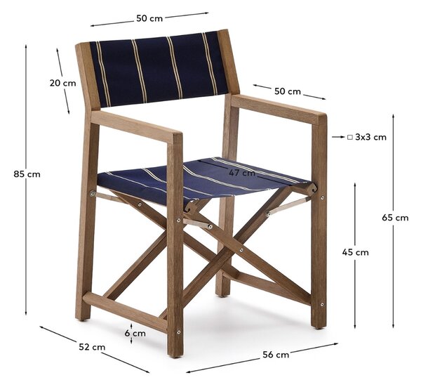 Kave Home Dřevěná zahradní skládací židle Vilara s modro-bílým sedákem