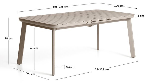 Kave Home Béžový kovový zahradní rozkládací stůl Izola 185/235 x 100 cm