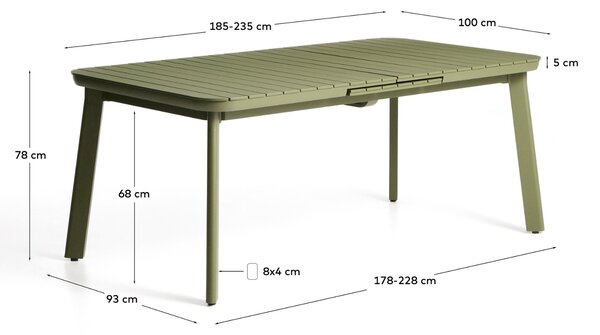 Kave Home Zelený kovový zahradní rozkládací stůl Izola 185/235 x 100 cm