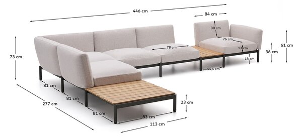 Kave Home Zahradní rohová pohovka Sorells 446 cm se stolky se šedou podnoží