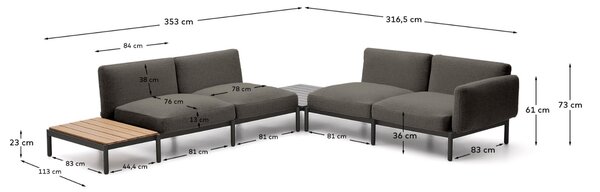 Kave Home Zahradní rohová pohovka Sorells 353 cm se stolky se šedou podnoží
