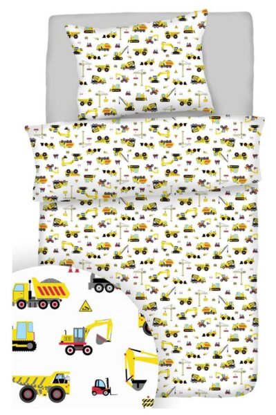 Povlečení bavlněné dětské Stavební stroje TiaHome - 1x Polštář 90x70cm, 1x Přikrývka 140x200cm