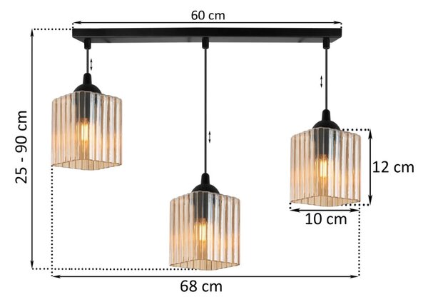 Závěsné svítidlo Riffle Square, 3x medové skleněné stínítko, b