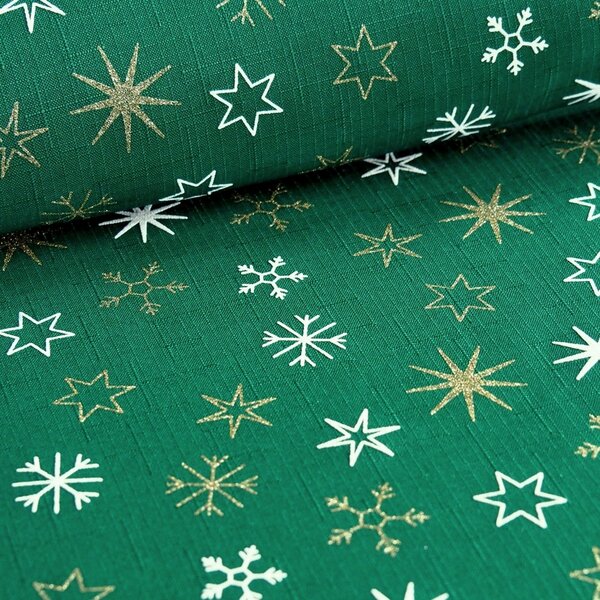 Metráž - Vánoční ubrus - Hvězdičky zelený podklad
