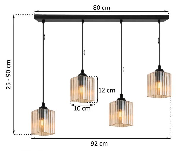 Závěsné svítidlo Riffle Square, 4x medové skleněné stínítko, b