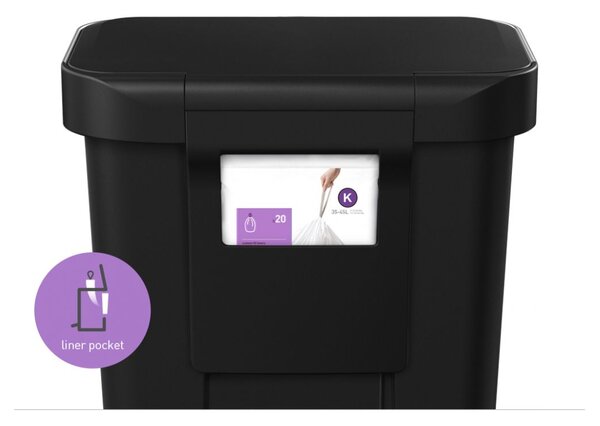 Pedálový odpadkový koš Simplehuman – 45 l, kapsa na sáčky, obdélníkový, černý plast /nerez