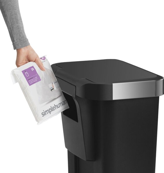 Pedálový odpadkový koš Simplehuman – 45 l, kapsa na sáčky, obdélníkový, černý plast /nerez