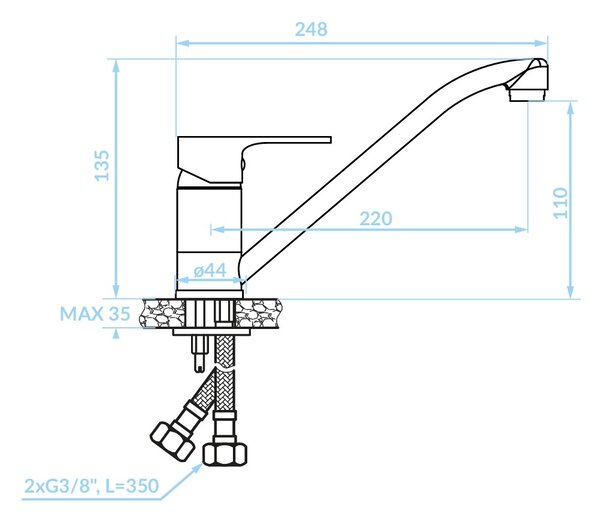 Kuchinox Pana, stojánková dřezová baterie, broušená ocel, LAV-BKN_260D