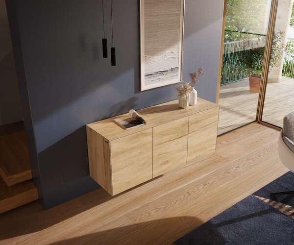 DELIFE Komoda Cuor 150 cm keramika Laminam® Sabbia dubová 3 dvířka závěsná
