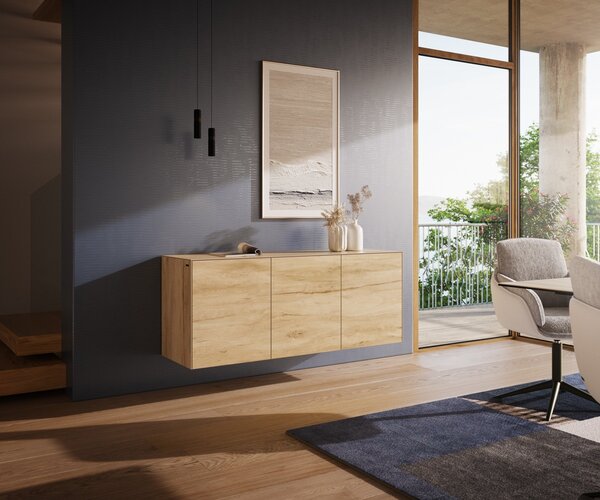 DELIFE Komoda Cuor 150 cm keramika Laminam® Sabbia dubová 3 dvířka závěsná