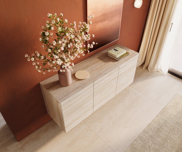 DELIFE Komoda Cuor 150 cm keramika Laminam® Travertino Bianco krémově bílá 3 dvířka závěsná