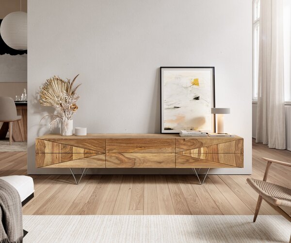 DELIFE Designový TV stolek Wyatt 175 cm sheesham přírodní 2 dvířka 1 výklopná dvířka
