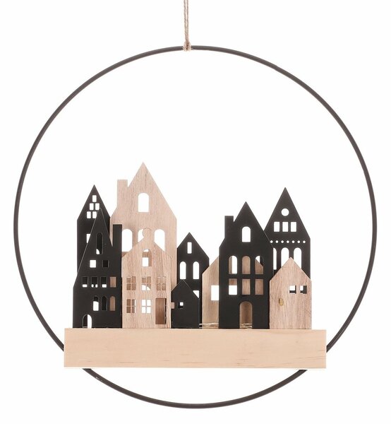 Závěsná LED dekorace Domečky v kruhu černá, pr. 28 cm