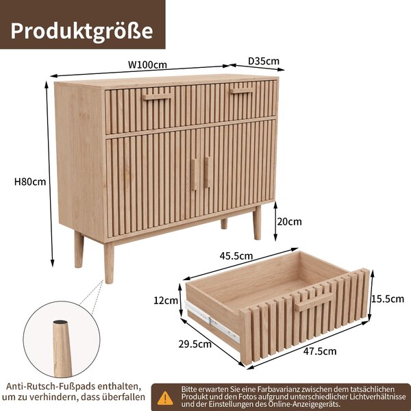 Fortuna Lai komoda se 2 zásuvkami 2 dvířka příborník 100 cm víceúčelová skříňka příborník příborník se svislou drážkou Moderní (barvy dubového dřeva)