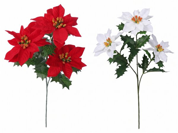 Vánoční hvězda / Poinsettia trs X3 - 53 cm mix barev samet Barva: Bílá