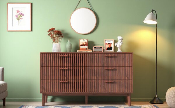 Komoda ProximaX se 6 zásuvkami – komoda ve stylu mid-century modern s rýhovaným vzhledem, v ořechovém odstínu, prostorná skříňka do ložnice a obývacího pokoje