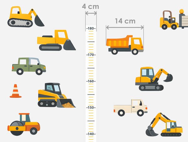 Metr a stavební autíčka textilní přelepitelné samolepky na zeď výška 160 cm