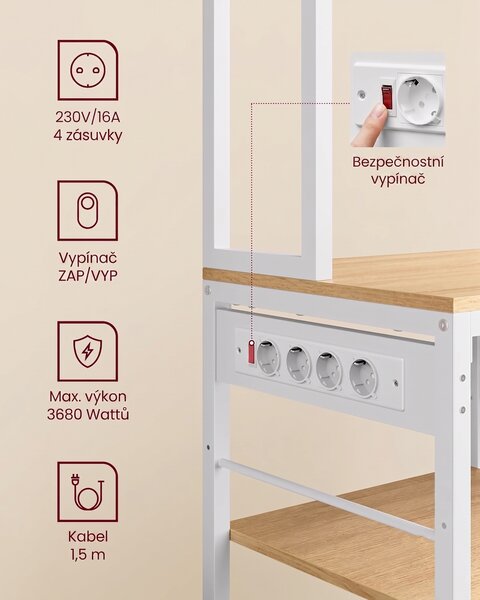 SONGMICS Kuchyňský regál s vestavěnými zásuvkami Vasagle Donna bílý/hnědý