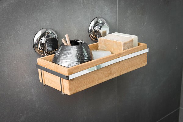 Bambusová polička na koupelnové doplňky na zeď Compactor Bestlock SPA Bamboo s přísavkou