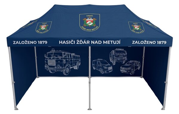 TENTino SET - Nůžkový párty stan 4x6 m / 6 noh EXTRA HIGH ROOF s jednostranným potiskem Typ konstrukce: BIG HEXAGON S VYŠŠÍ ŠPICÍ, Rozsah potisku: pouze střecha, Plachtovina - gramáž: polyester 230 g/m2
