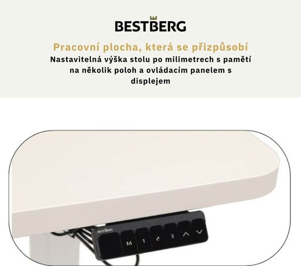 Výškově nastavitelný elektrický stůl BestBerg BBAT-12WW / rozměr 120x60 cm / výška 70-114 cm / bílá