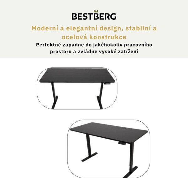 Výškově nastavitelný elektrický stůl BestBerg BBAT-14BB / rozměr 140x70 cm / výška 70-114 cm / černá