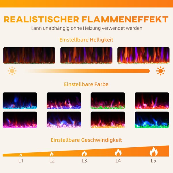 Elektrický krb HOMCOM s topením, 11 barevnými efekty plamenů, 12 barev křišťálu