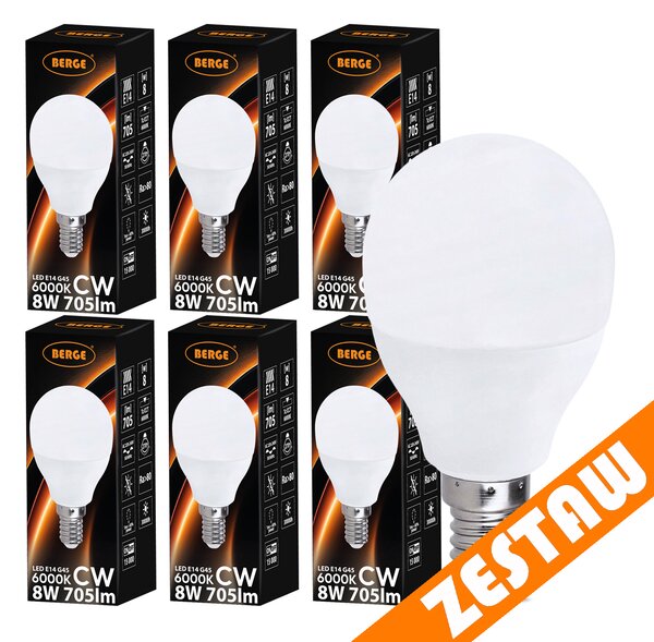 SADA 6x LED žárovka G45 E14 8W 705lm - studená bílá