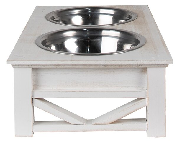Misky pro zvířata v bílém antik dřevěném stojanu - 40*22*12 cm / 2*500 ml - Clayre & Eef
