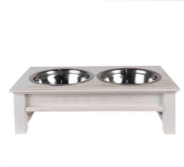 Misky pro zvířata v bílém antik dřevěném stojanu - 40*22*12 cm / 2*500 ml - Clayre & Eef