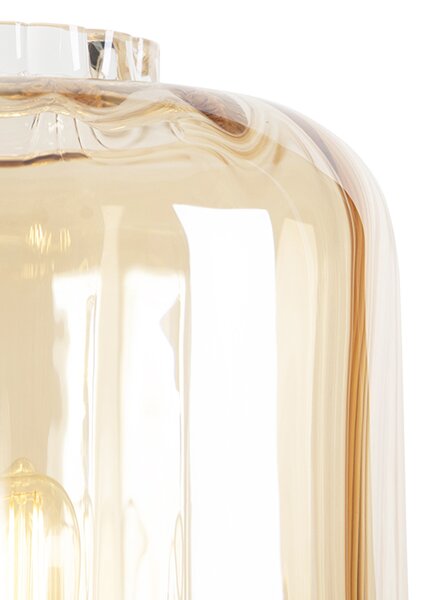 Designová stojací lampa černá s jantarovým sklem - Qara