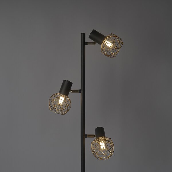 Designová stojací lampa černá se zlatem 3-světlo nastavitelné - Mesh